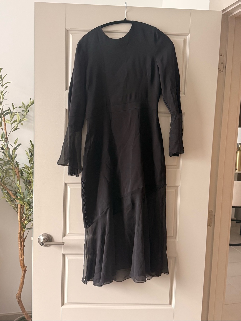 Prabal Gurung Black Midi Dress with Sheer Bell Sleeves